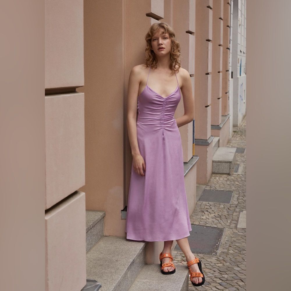 NWT SANDRO PARIS PRALINE MIDI SLIP DAY DRESS IN LILAC LAVENDER